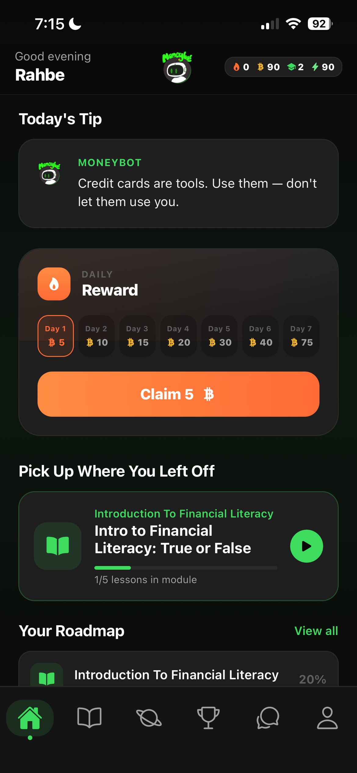 MoneyBot Mobile in the app